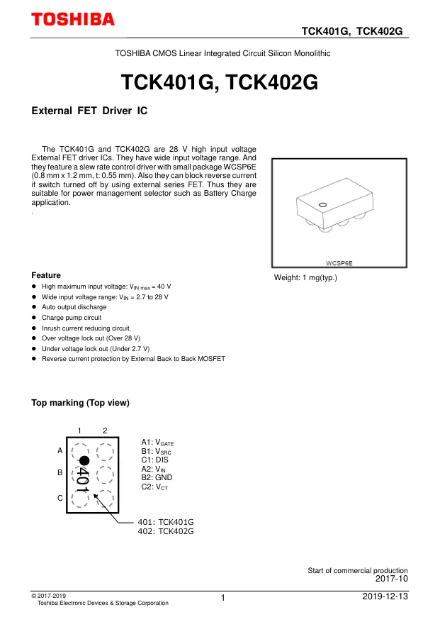 TCK402G,LF, Driver 1-OUT Inv/Non-Inv 6-Pin WCSP-E T/R - Переключатели распределения питания, драйверы нагрузки файл 1