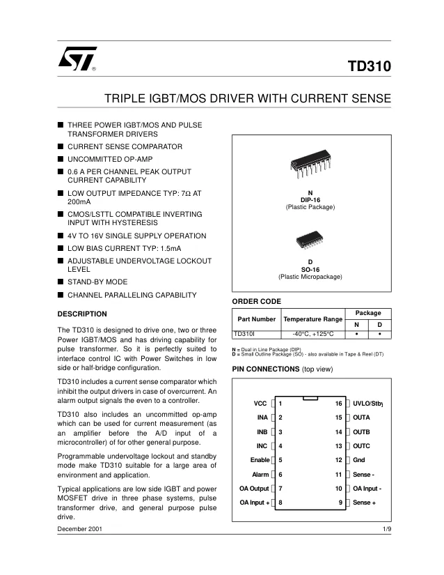 TD310IDT, Gate Drivers Triple IGBT/MOS - Переключатели распределения питания, драйверы нагрузки файл 1