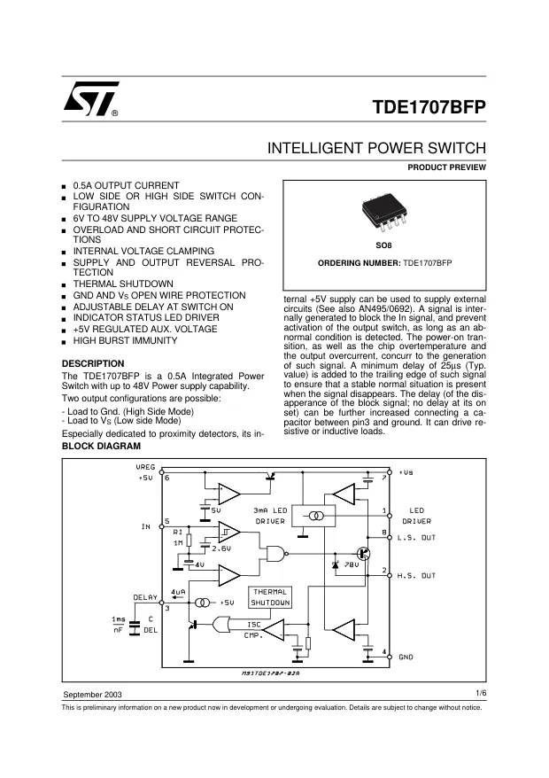 TDE1707BFP, Power Switch ICs - Power Distribution INTELLIGENT Pwr Switch - Переключатели распределения питания, драйверы нагрузки файл 1