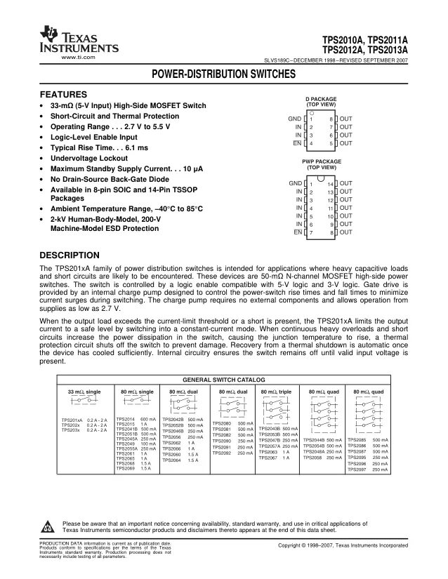 TPS2013AD, Power Switch Hi Side 1-OUT 0A 37mOhm 8-Pin SOIC Tube - Переключатели распределения питания, драйверы нагрузки файл 1
