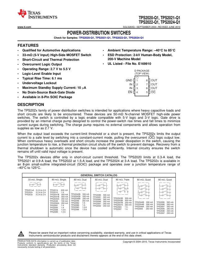 TPS2024IDRQ1, Power Switch ICs - Power Distribution Auto Cat Pwr-Dist Sw - Переключатели распределения питания, драйверы нагрузки файл 1