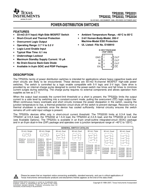 TPS2030D, USB Power Switch Single 5.5V 0.3A 8-Pin SOIC Tube - Переключатели распределения питания, драйверы нагрузки файл 1