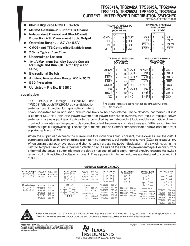 TPS2042AD, Power Switch ICs - Power Distribution Dl .345A 2.7-5.5V Hi R 595-TPS2042BD R 5 R 595-TPS2042BD - Переключатели распределения питания, драйверы нагрузки файл 1