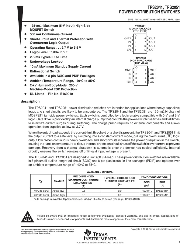 TPS2051D, Power Switch ICs - Power Distribution 0.7A 2.7-5.5V Hi R 5 95-TPS2051BD R 595- R 595-TPS2051BD - Переключатели распределения питания, драйверы нагрузки файл 1
