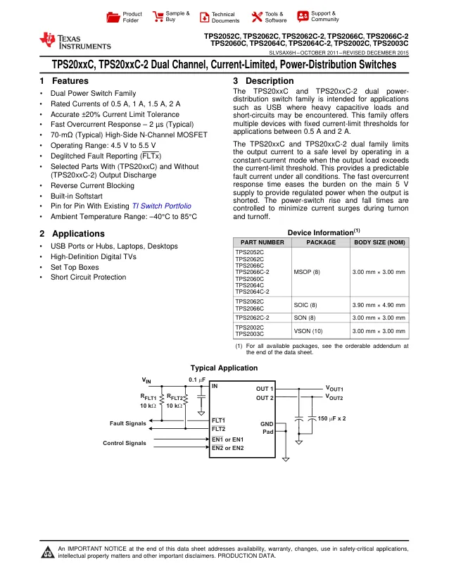 TPS2052CDGNR, Power Switch ICs - Power Distribution Dual Ch Current-Ltd USB Pwr Disti Switch A 595-TPS2052CDGN - Переключатели распределения питания, драйверы нагрузки файл 1