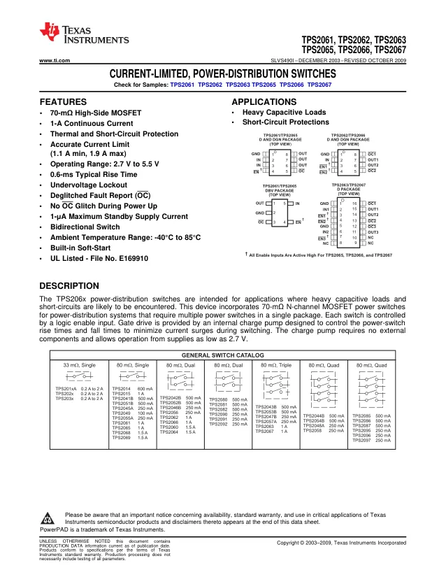 TPS2063DR, Power Switch ICs - Power Distribution Triple 1A Current-Li mited A 595-TPS2063 A 595-TPS2063D - Переключатели распределения питания, драйверы нагрузки файл 1