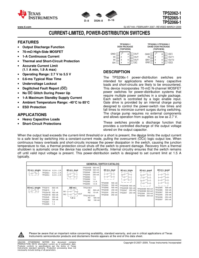 TPS2065DGN-1, Power Switch ICs - Power Distribution Pwr Dist Switches A 595-TPS2065DGNR-1 A A 595-TPS2065DGNR-1 - Переключатели распределения питания, драйверы нагрузки файл 1