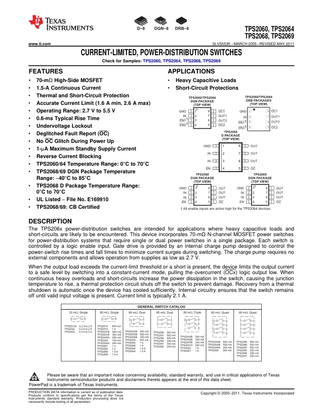 TPS2068DGNR, Power Switch ICs - Power Distribution Current-Ltd Pwr- Dis tr Switch A 595-TPS A 595-TPS2068DGN - Переключатели распределения питания, драйверы нагрузки файл 1