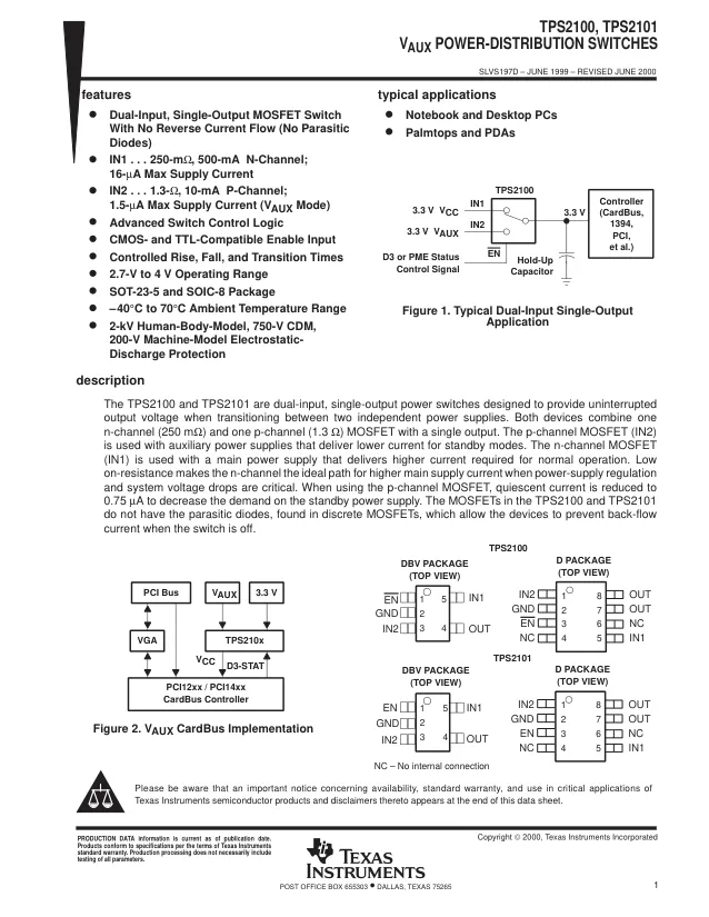 TPS2100DBVR, Power Switch ICs - Power Distribution Dual In/Single Out M OSFET A 595-TPS2100 A 595-TPS2100DBVT - Переключатели распределения питания, драйверы нагрузки файл 1