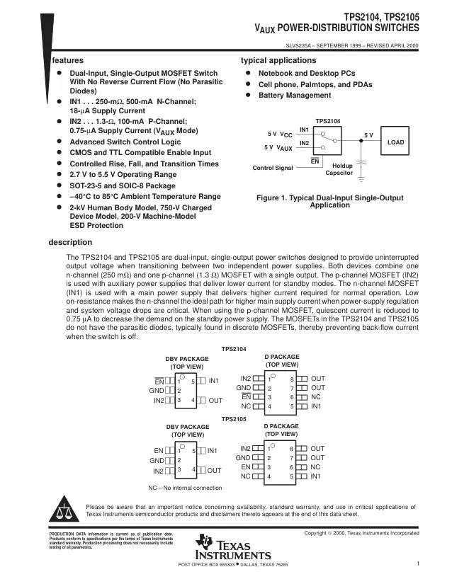 TPS2104DBVT, Power Switch ICs - Power Distribution Dual In/Single Out M OSFET A 595-TPS2104 A 595-TPS2104DBVR - Переключатели распределения питания, драйверы нагрузки файл 1