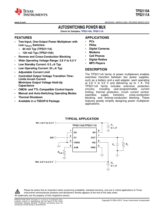 TPS2110APWR, Power Switch ICs - Power Distribution Autoswitching Power Mux A 595-TPS2110APW A 595-TPS2110APW - Переключатели распределения питания, драйверы нагрузки файл 1