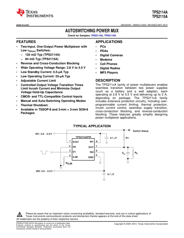 TPS2114APWR, Power Switch ICs - Power Distribution Autoswitching Power Mux A 595-TPS2114APW A 595-TPS2114APW - Переключатели распределения питания, драйверы нагрузки файл 1