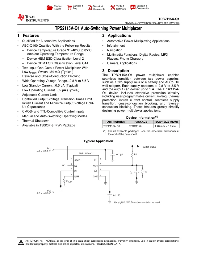 TPS2115AIPWRQ1, Power Switch ICs - Power Distribution Autoswitching Pwr Mu x - Переключатели распределения питания, драйверы нагрузки файл 1