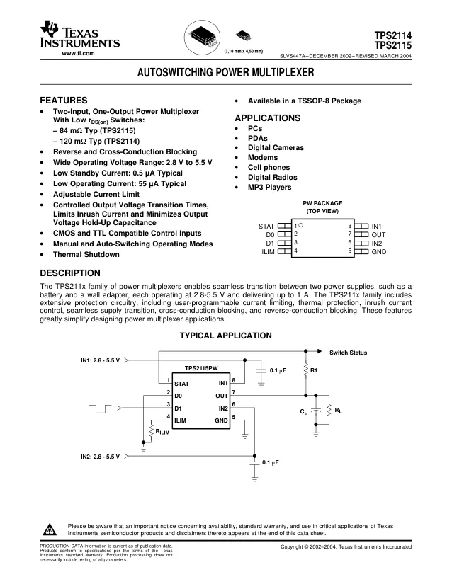 TPS2115PWR, Power Switch ICs - Power Distribution Dual In/Single Out A utoswitch Power MUX A 595-TPS2115PW - Переключатели распределения питания, драйверы нагрузки файл 1