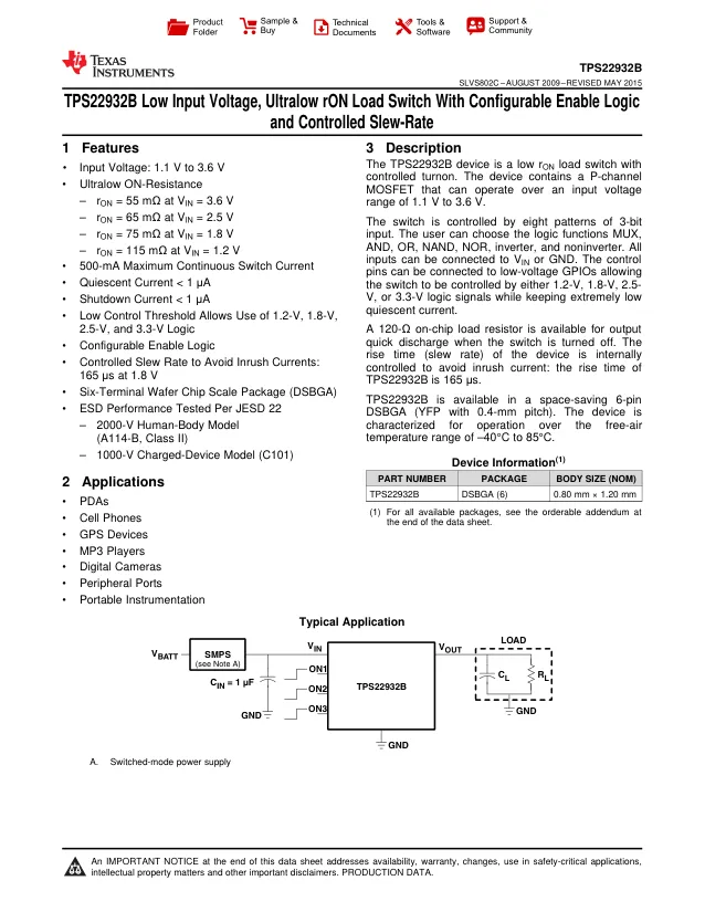 TPS22932BYFPT, Power Switch Hi Side 1-OUT 0.5A 135mOhm 6-Pin DSBGA T/R - Переключатели распределения питания, драйверы нагрузки файл 1