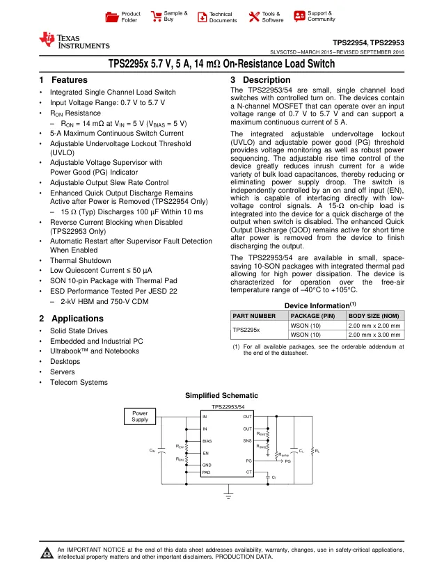 TPS22954DQCR, Power Switch ICs - Power Distribution 5.7-V 5-A 14-mohm lo ad switch with adj - Переключатели распределения питания, драйверы нагрузки файл 1