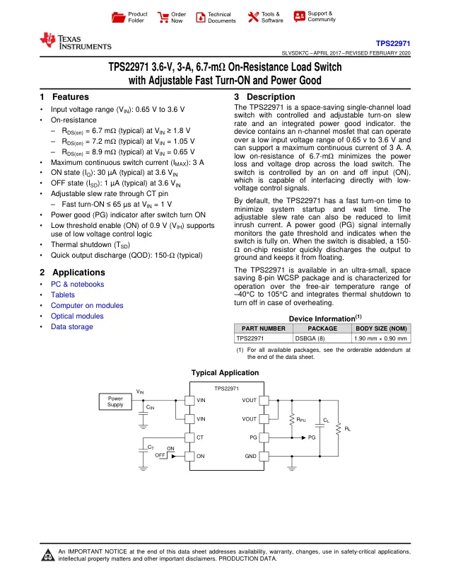 TPS22971YZPT, Power Switch ICs - Power Distribution 3.6V 3A 6.7mI Load S witch A 595-TPS2297 A 595-TPS22971YZPR - Переключатели распределения питания, драйверы нагрузки файл 1