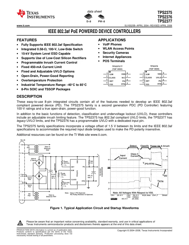 TPS2377DR, Power Switch ICs - POE / LAN IEEE 802.3af PoE Pwr Device Cntrler A 59 A 595-TPS2377D - Переключатели распределения питания, драйверы нагрузки файл 1