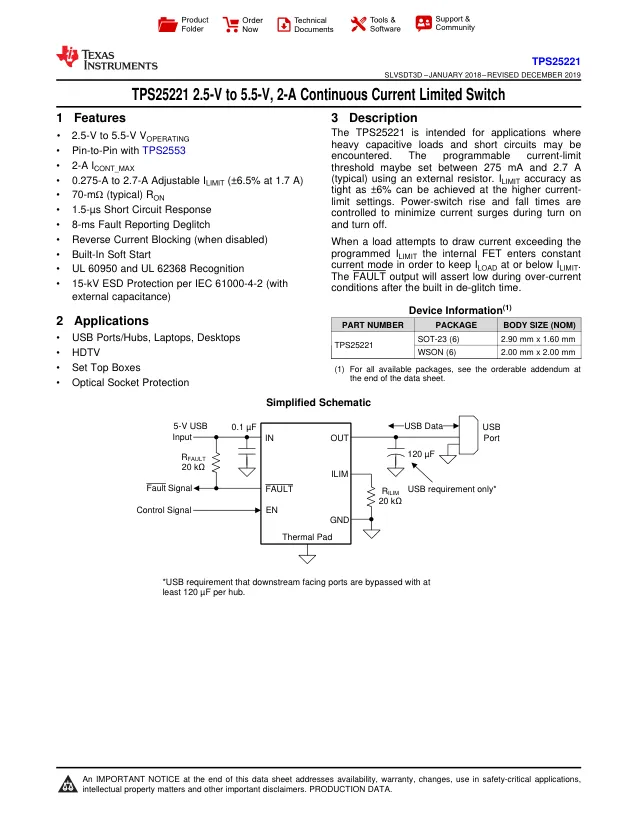 TPS25221DBVR, Power Switch ICs - Power Distribution 0.275-2.7A adj. ILIM IT 2.5-5.5V 70mohm A 595-TPS25221DBVT - Переключатели распределения питания, драйверы нагрузки файл 1