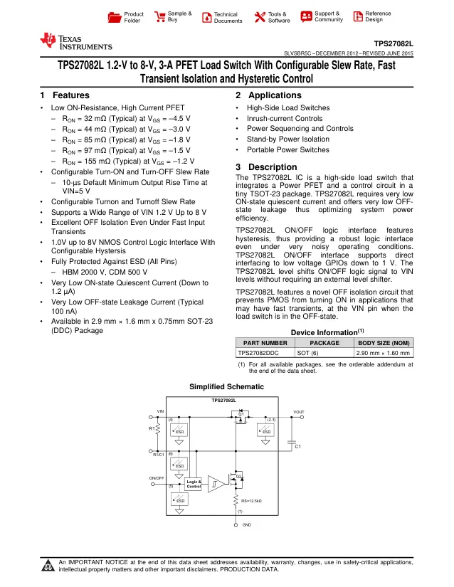 TPS27082LDDCR, Power Switch ICs - Power Distribution PFET Load Switch w/ Adj Slew Rate A 595- A 595-TPS22810DRVR - Переключатели распределения питания, драйверы нагрузки файл 1