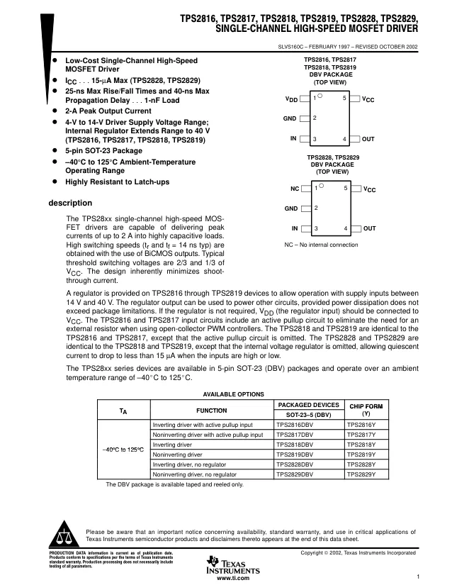 TPS2816DBVT, Gate Drivers Inv H-S MOSFET Drive r A 595-TPS2816DBVR A 595-TPS2816DBVR - Переключатели распределения питания, драйверы нагрузки файл 1