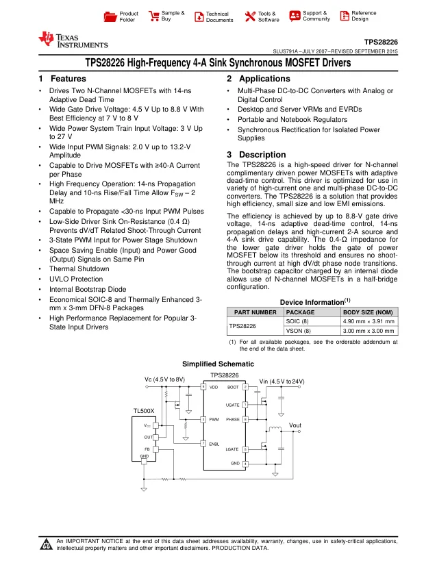 TPS28226DR, Gate Drivers Hi Fre 4A Sink Synch MOSFET Driver A 595 A 595-TPS28226D - Переключатели распределения питания, драйверы нагрузки файл 1