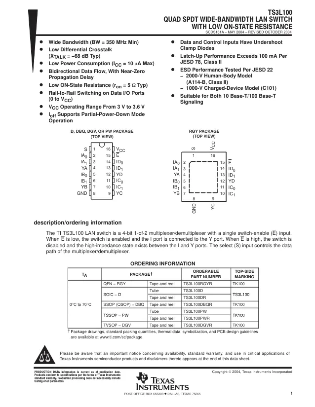 TS3L100DR, Power Switch ICs - POE / LAN Quad SPDT Wide BW LA N Switch - Переключатели распределения питания, драйверы нагрузки файл 1