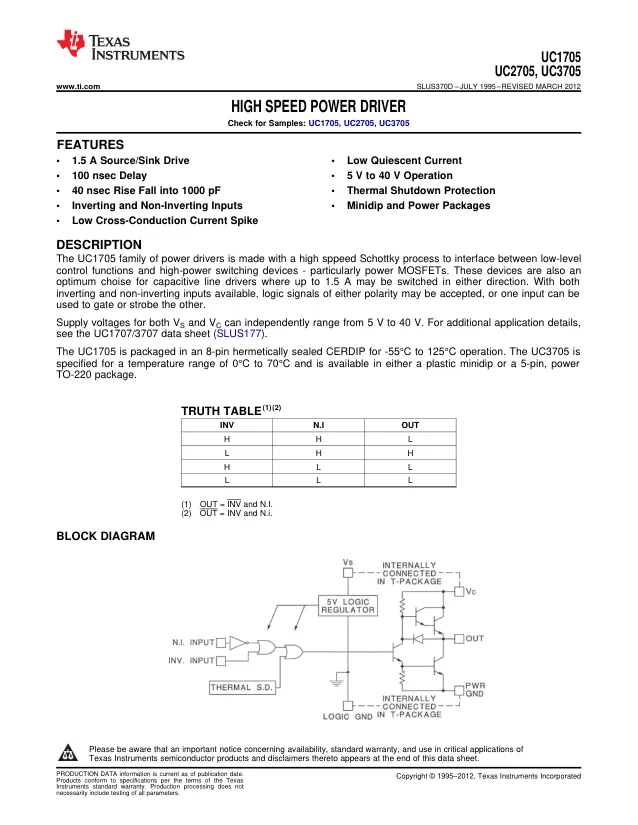 UC2705DG4, Gate Drivers Comp Hi-Speed Power Driver ALT 595-UC270 ALT 595-UC2705D - Переключатели распределения питания, драйверы нагрузки файл 1