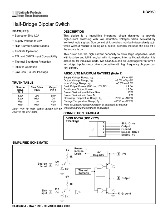 UC2950T, Gate Drivers Half-Bridge Bipolar Switch - Переключатели распределения питания, драйверы нагрузки файл 1