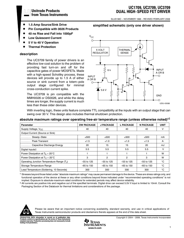 UC3709NG4, Gate Drivers Inverting High-Speed ALT 595-UC3709N ALT ALT 595-UC3709N - Переключатели распределения питания, драйверы нагрузки файл 1
