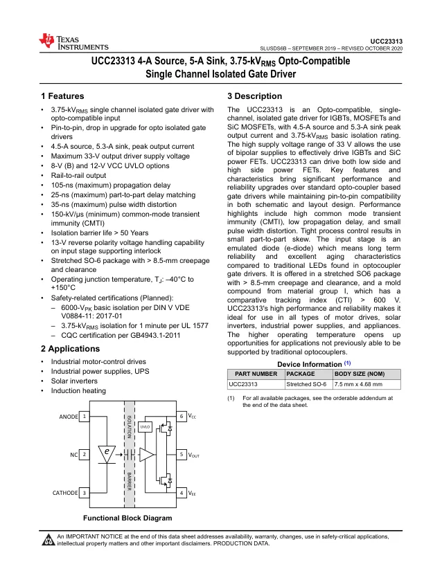 UCC23313DWYR, Optically Isolated Gate Drivers 3.75kVrms 4A/5A sin gle-channel opto-com A 595-UCC23313DWY - Переключатели распределения питания, драйверы нагрузки файл 1