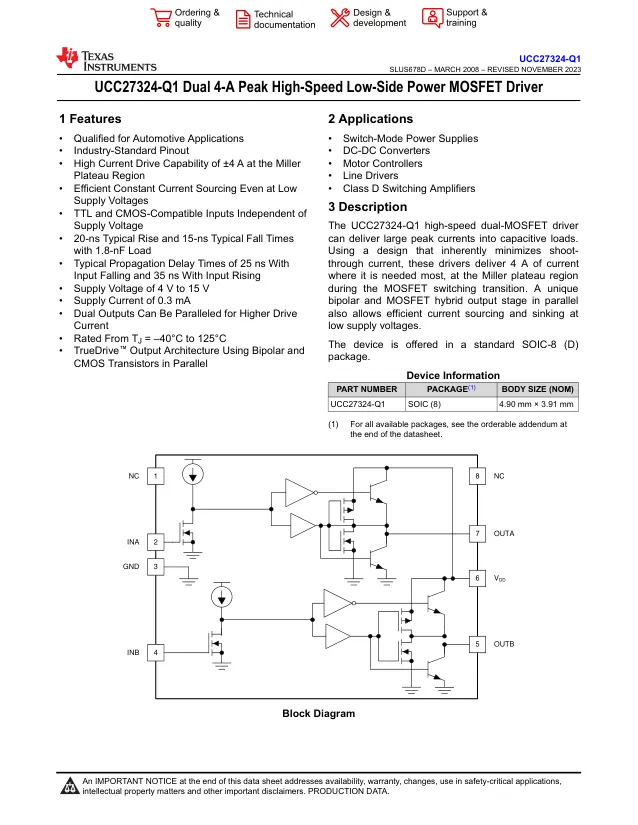 UCC27324QDRQ1, Gate Drivers Dual 4A Hi-Spd Lo- S ide Pwr MOSFET Drvr - Переключатели распределения питания, драйверы нагрузки файл 1