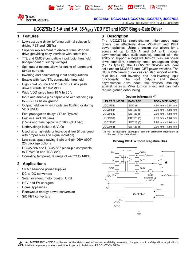 UCC27531DBVT,IGBT/MOSFET Gate Driver, High Side And Low Side, 10V-32V Supply, 5A Out, 17ns Delay, SOT-23-6 - Переключатели распределения питания, драйверы нагрузки файл 1