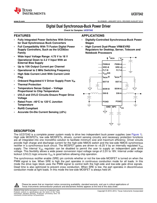 UCD7242RSJR, Gate Drivers Dig Dual Synch Buck Power Driver A 595-U A 595-UCD7242RSJT - Переключатели распределения питания, драйверы нагрузки файл 1