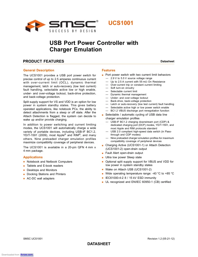 UCS1001-1-BP-TR, USB Power Switch Single 5.5V 0.467A/0.839A/ 0.932A/1.112A/ 1.385A/1.702A/ 1.892A/2.355A 20-Pin QFN EP T/R - Переключатели распределения питания, драйверы нагрузки файл 1