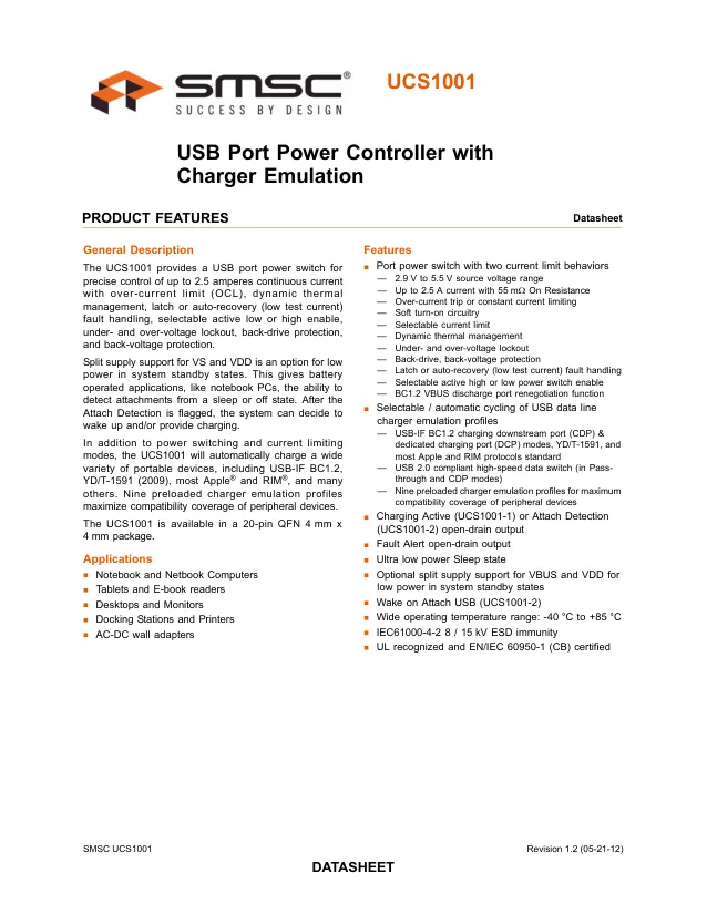 UCS1001-2-BP-TR, USB Power Switch Single 5.5V 0.467A/0.839A/ 0.932A/1.112A/ 1.385A/1.702A/ 1.892A/2.355A 20-Pin QFN EP T/R - Переключатели распределения питания, драйверы нагрузки файл 1