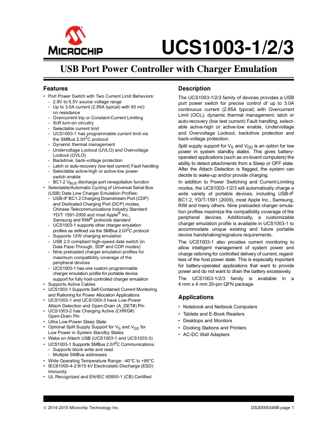 UCS1003-1-BP, Power Switch ICs - Power Distribution Programmable USBPort Power Controller I2 - Переключатели распределения питания, драйверы нагрузки файл 1