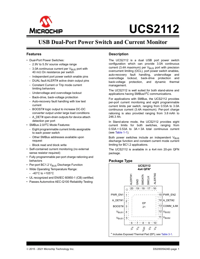 UCS2112-1-V/G4, USB Power Switch Dual 5.5V 0.53A/0.96A/1.07A/1.28A/ 1.6A/2.13A/2.67A/3.2A 20-Pin QFN EP Tube - Переключатели распределения питания, драйверы нагрузки файл 1