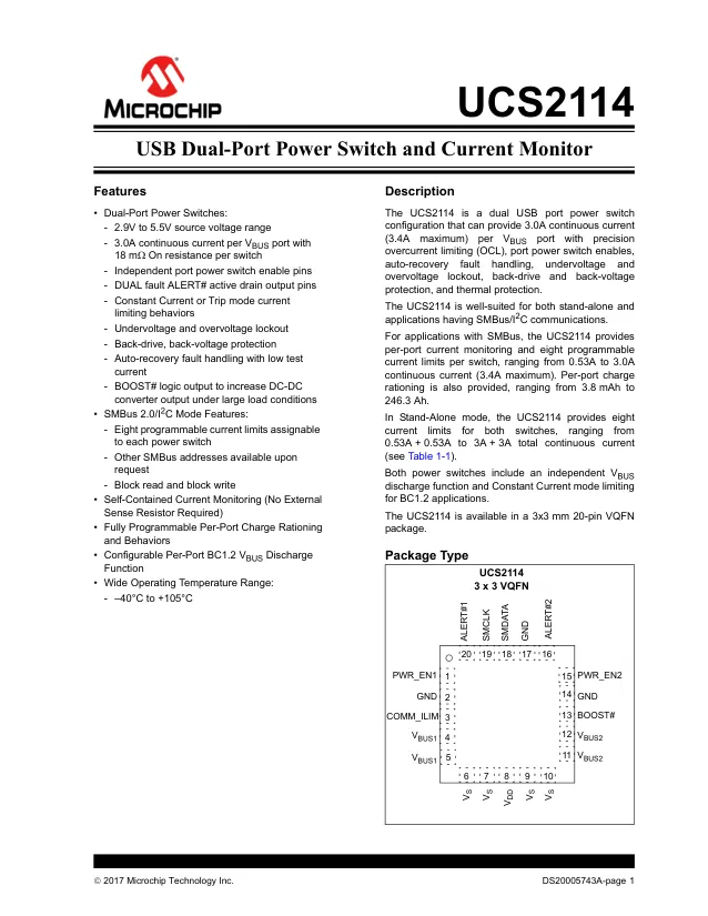 UCS2114-1-V/LX, USB Power Switch Dual 5.5V 0.53A/0.96A/1.07A/1.28A/ 1.6A/2.13A/2.67A/3.2A 20-Pin VQFN Tube - Переключатели распределения питания, драйверы нагрузки файл 1