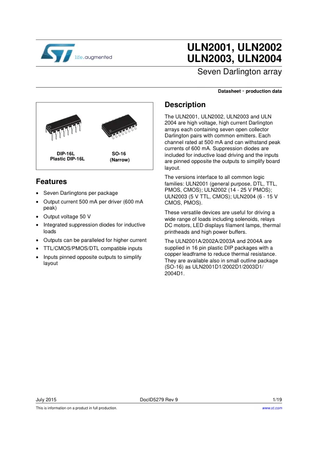 ULN2002A, IC: driver; darlington,transistor array; DIP16; 0.5A; 50V; Ch: 7 - Переключатели распределения питания, драйверы нагрузки файл 1