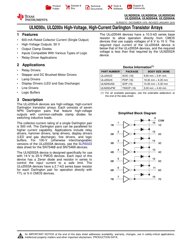 ULN2002AN, IC: driver; darlington,transistor array; DIP16; 0.5A; 50V; Ch: 7 - Переключатели распределения питания, драйверы нагрузки файл 1