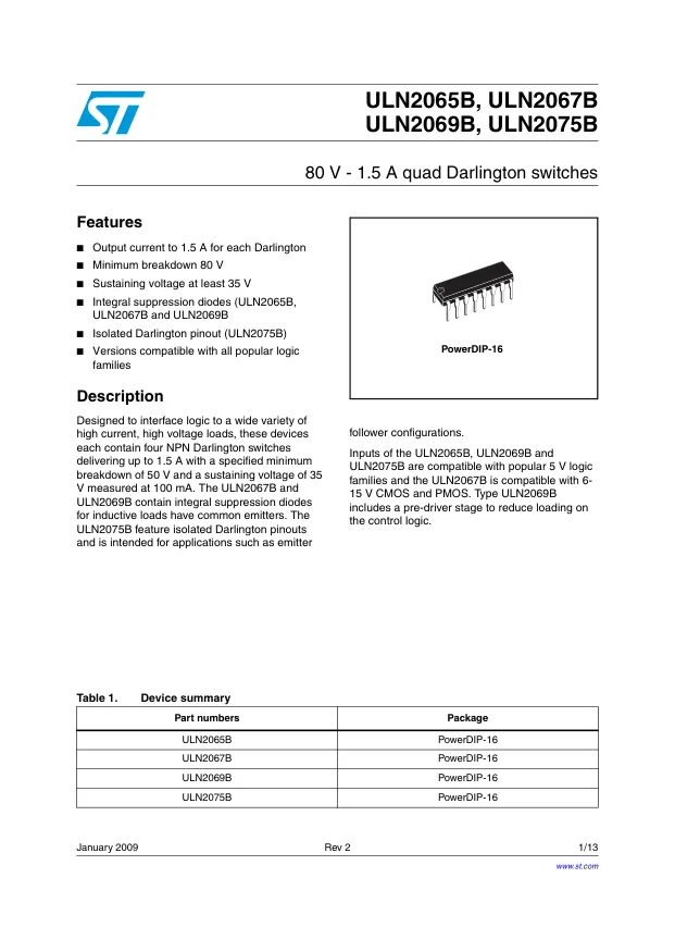 ULN2065B, IC: driver; darlington,transistor array; DIP16; 1.5A; 80V; Ch: 4 - Переключатели распределения питания, драйверы нагрузки файл 1
