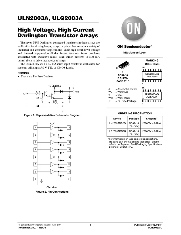 ULQ2003ADR2G, TRANSISTOR ARRAY, NPN, 50V, SOIC - Переключатели распределения питания, драйверы нагрузки файл 1
