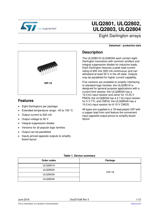 ULQ2804A, Darlington Transistors Eight NPN Array - Переключатели распределения питания, драйверы нагрузки файл 1