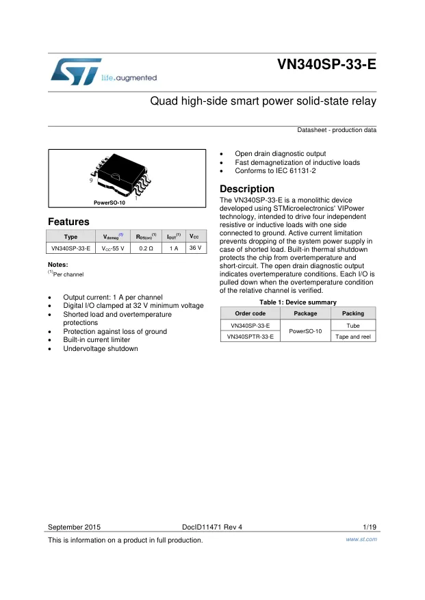 VN340SPTR-33-E,Relay Driver, 10V to 36V Supply, 1A Out, PowerSO-10 - Переключатели распределения питания, драйверы нагрузки файл 1