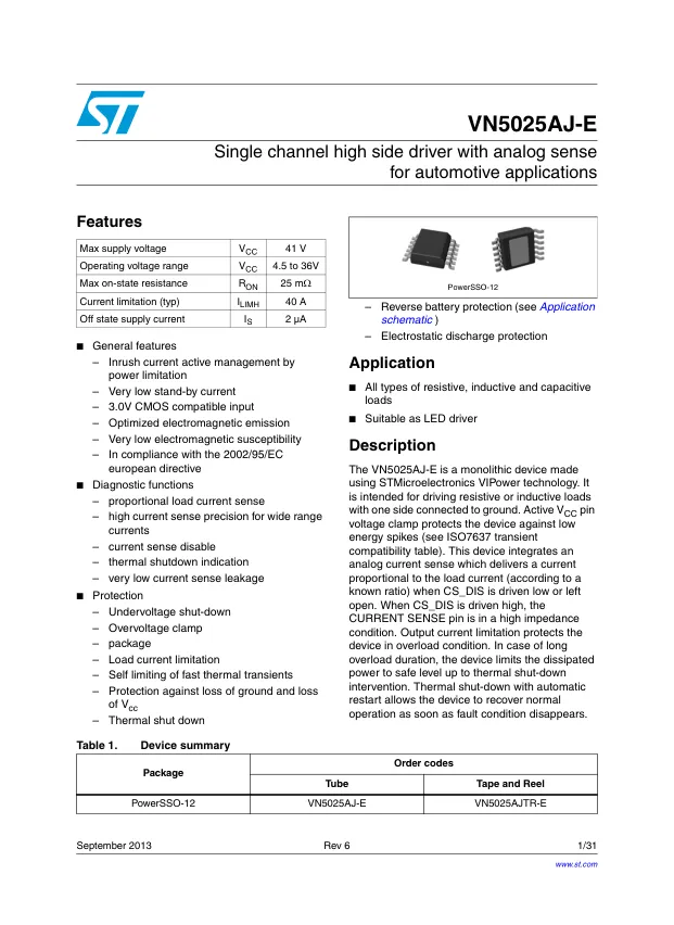 VN5025AJTR-E, Current Limit SW 1-IN 1-OUT to 56A Automotive AEC-Q100 12-Pin PowerSSO EP T/R - Переключатели распределения питания, драйверы нагрузки файл 1