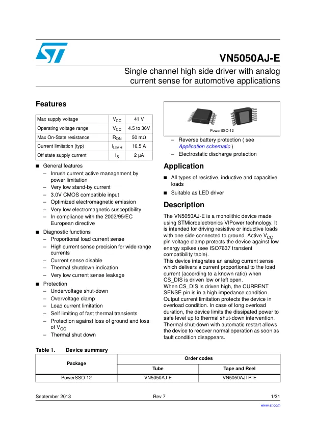 VN5050AJTR-E, Current Limit SW 1-IN 1-OUT to 23A Automotive AEC-Q100 12-Pin PowerSSO EP T/R - Переключатели распределения питания, драйверы нагрузки файл 1