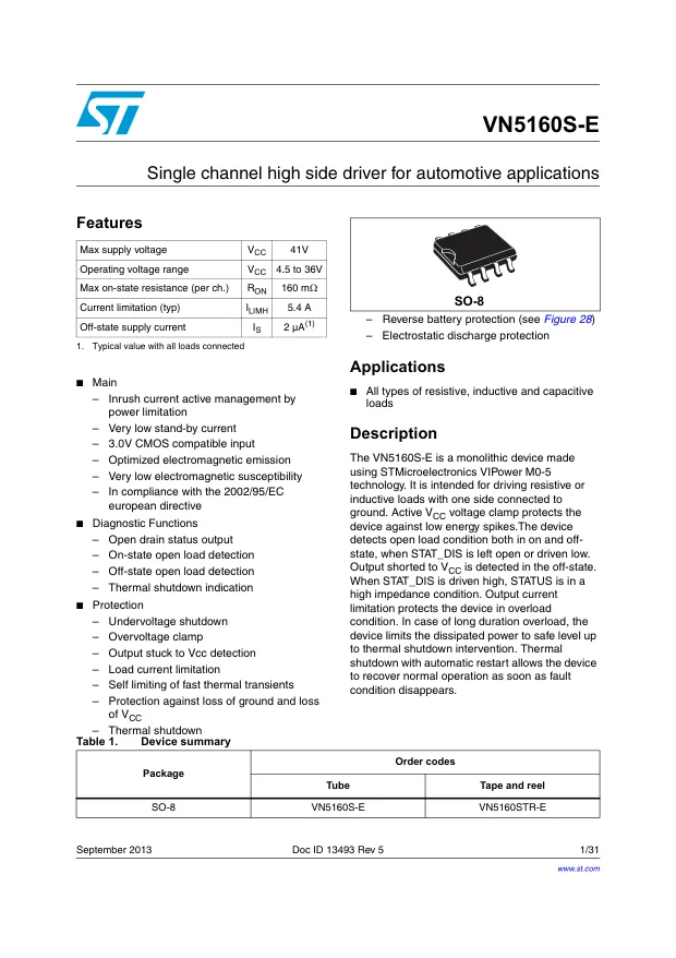 VN5160STR-E, Current Limit SW 1-IN 1-OUT to 7.5A Automotive AEC-Q100 8-Pin SO N T/R - Переключатели распределения питания, драйверы нагрузки файл 1