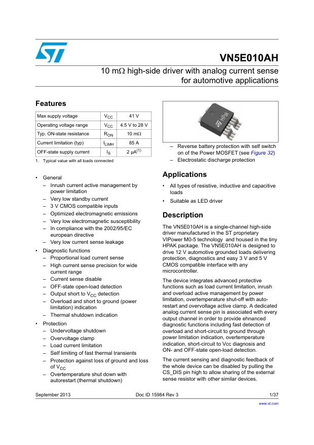 VN5E010AHTR-E, Gate Drivers HI-SIDE DRVR W/ANALOG CRRNT SNSE - Переключатели распределения питания, драйверы нагрузки файл 1