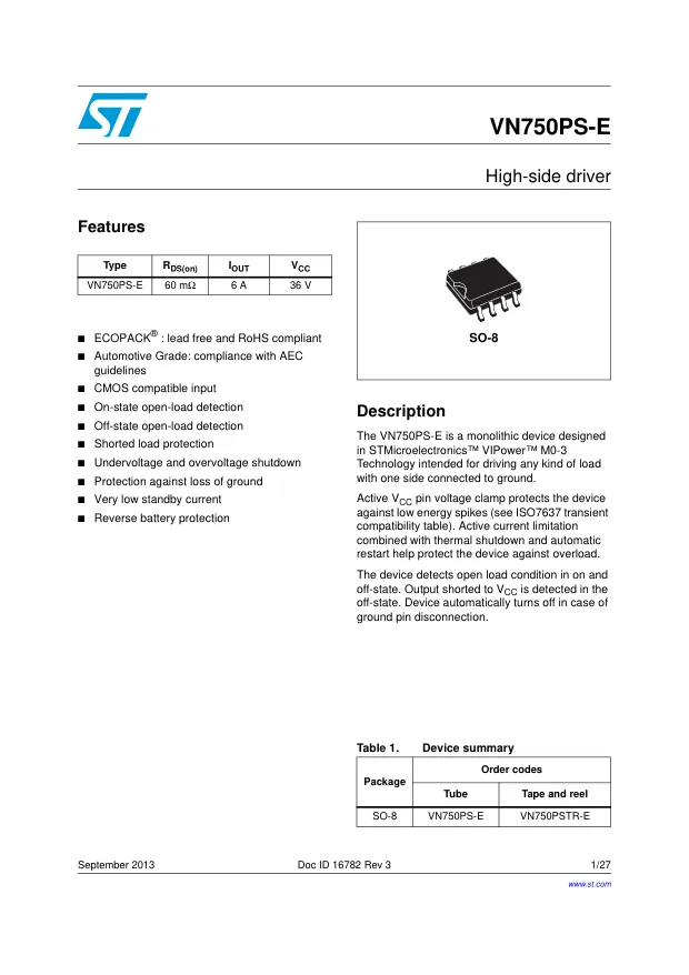 VN750PSTR-E, IC: power switch; high-side; 6А; SO8; 36В; бобина,лента - Переключатели распределения питания, драйверы нагрузки файл 1